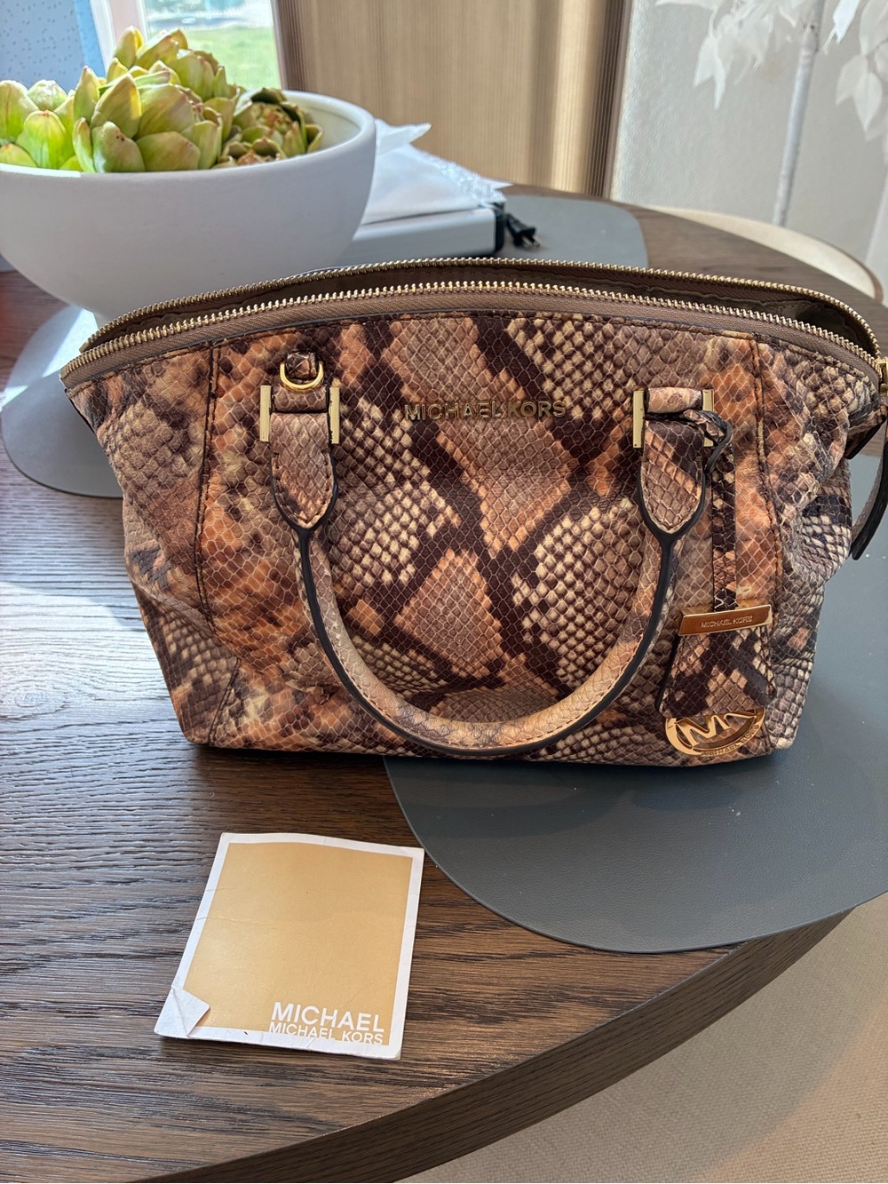 Michael Kors Brown and Tan Astor  Snake-Print Satchel - Picture 2 of 15